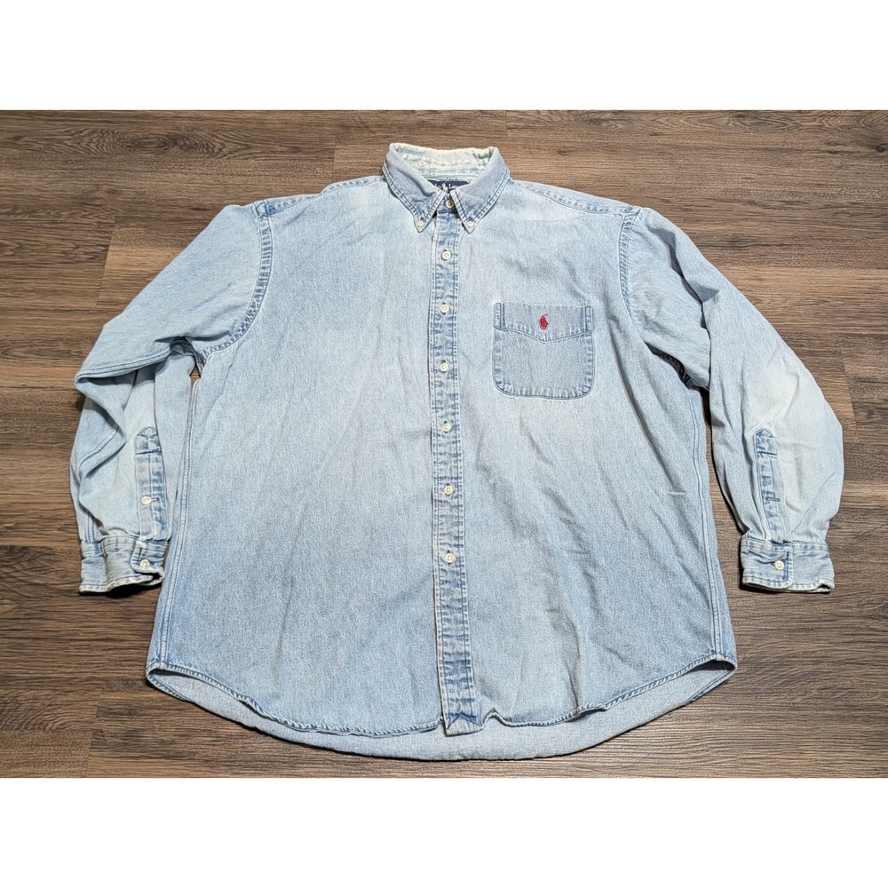 Ralph Lauren Big Shirt Mens L Denim Button Down Light Wash Red Pony Vintage 90s